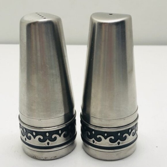Vintage Salt And Pepper Shaker Set Stainless Steel Deluxe Black Wave Inlay Japan - Picture 2 of 12